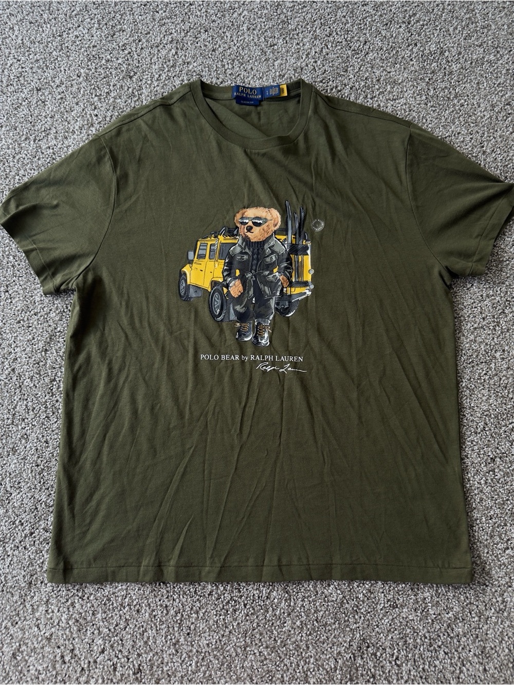 NWOT Polo by Ralph Lauren Olive Bear Graphic Tee with Yellow Truck Accent